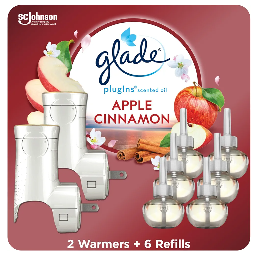 Glade PlugIns Air Freshener Starter Kit, Scented and Essential Oils for Home and Bathroom, Apple Cinnamon, 4.02 Fl Oz, 2 Warmers and 6 Refills