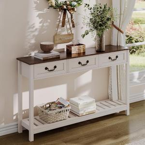 ChooChoo Farmhouse Console Table with 3 Drawers, Rustic Entryway Table, Narrow Long Sofa Table for Living Room, Hallway, Behind Couch, Soft White and Brown, 11.81"D x 53.1"W x 31.3"H
