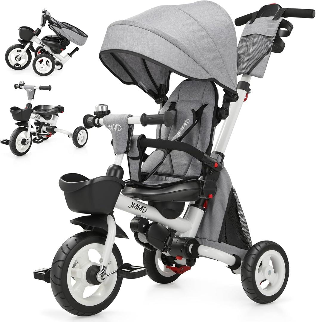 JMMD 8 in 1 Tricycle Stroller with Push Handle, Foldable Trike with 360 Swivel Seat, Reclining Backrest, All-Terrain Wheels, Dual Brakes, Canopy & Storage, Gift for Kids 18 Months to 5 Years, Gray