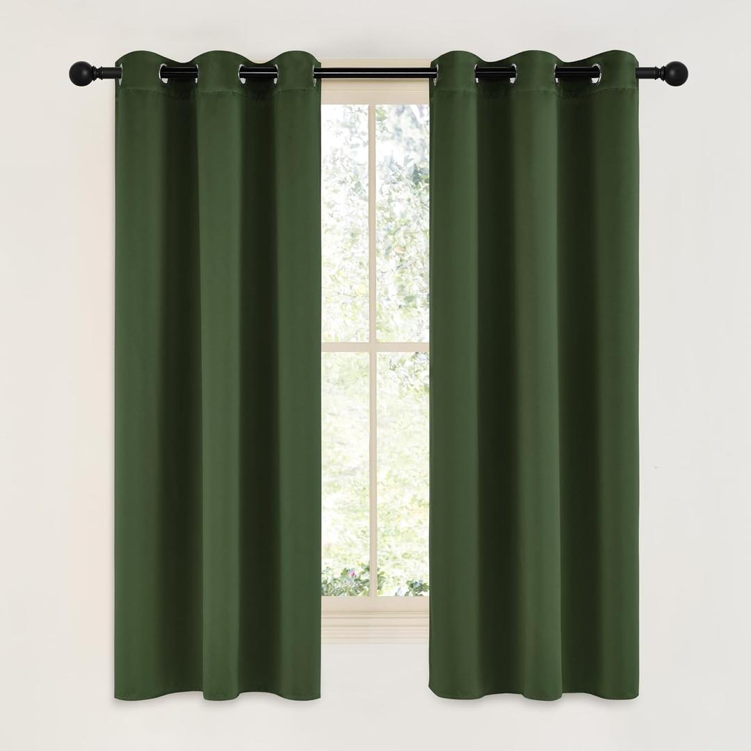 NICETOWN Dark Green Blackout Cafe Satin Curtains for Small Windows, 42" Wide by 63" Long, 2 Panels, Grommet Noise Reducing Faux Silk Blackout Drapes for Dining Room