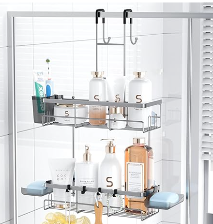 Aitatty Hanging Shower Caddy Over Door: Silver Rustproof Shower Organizer over the Door  No Drilling Bathroom Rack for Inside Shower