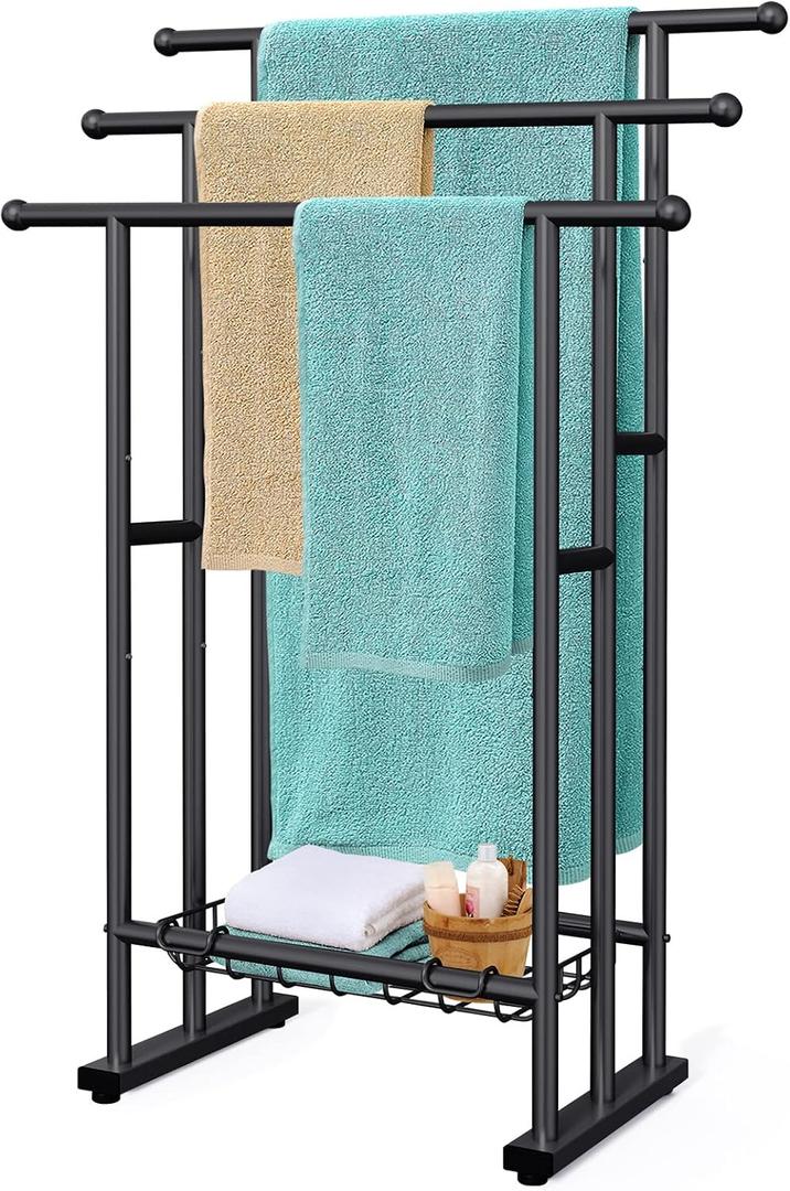 Kayfia 40" H Free Standing Towel Rack, 3 Tier Alloy Steel Stand with Basket, Blanket Drying and Display Rack for Oversized Bath Towels Bathroom Accessories, Next to Tub or Shower
