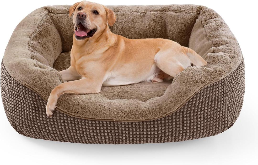 INVENHO Large Dog Beds Large Sized, Washable Orthopedic Warming Soft Sleeping Durable with Anti-Slip Bottom (L (35"x25"x9"), Dark Brown)
