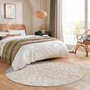SIILOOM 6' Round Rug Washable Rug for Entryway, Cream Beige Yellow White Grey Soft Non-Slip Area Rugs Distressed Floral Low-Pile Carpet, Neutral Vintage Circle Rugs for Living Room Dining Foyer