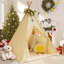 Teepee Tent for Kids with Padded Mat Cotton Canvas Kids Teepee with Pompom for Toddlers Indoor Play Tent for Girls Boys with Stars Lights, Carry Bag, Banner Flag (Cream)