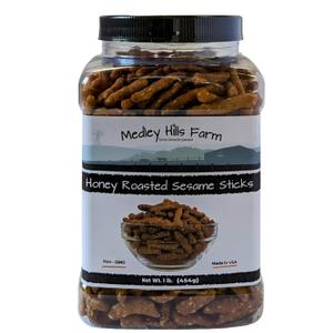 Sesame Sticks Snacks Honey Roasted 1 lb. - By Medley Hills Farm in Reusable Container - Fresh honey roasted sesame sticks - Sweet and Salty Flavored snacks, BBD 05/27/27