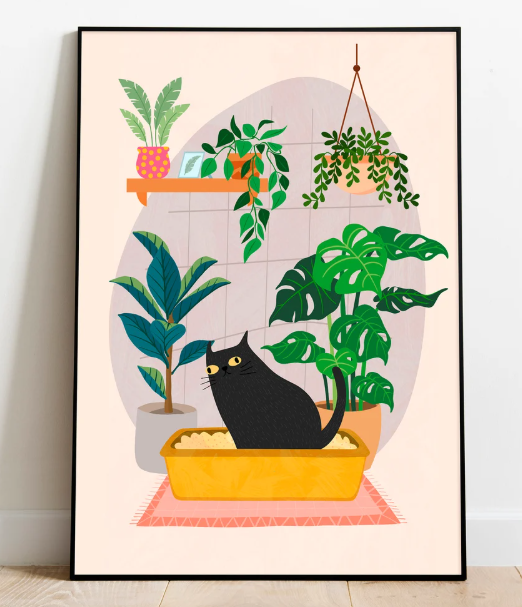 3pcs Black Cat Bathroom Canvas Wall Art Funny Cute Vintage Cats Wall Decor Pictures Green Plants Black Cat Posters Prints for Bathroom Toilet Decoration Ready To Hang