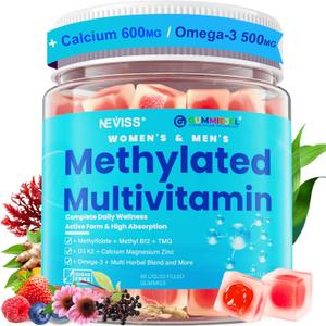 Methylated Multivitamin for Women & Men Gummies w/ Omega-3, Calcium, D3 K2, Methylfolate & B12, TMG, Daily Vitamins, Mag, CoQ10, Probiotic for 18 30 40 50 60 70+, Overall Health - Vegan, Sugar Free, BB Date: 06/2028