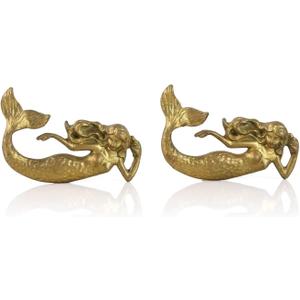SOFFEE DESIGN Set of 2 Vintage Gold Mermaid Cabinet Knobs for Drawer, Ocean Beach Theme Aged Treatment Antique Door Knobs with Mounting Screws for Cupboard, Kitchen Furniture