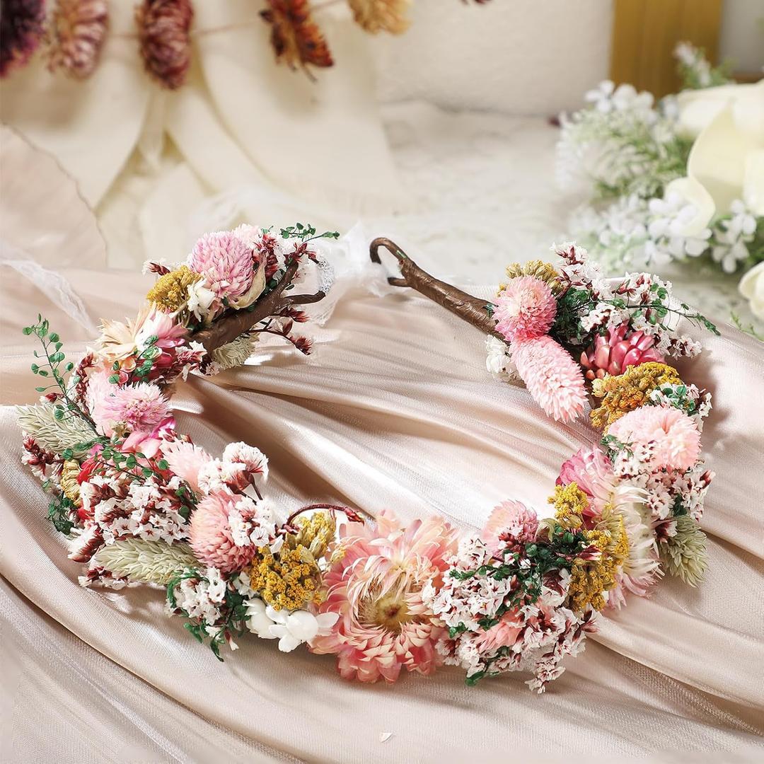 Nuanchu Dried Flower Wedding Headband Flower Crown Real Floral Bridal Bridesmaid Headpiece with Ribbon Maternity Photo Props(Pink,Stylish)