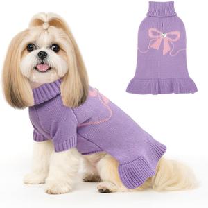 YUDODO Bowknot Dog Sweater Dress for Small Dogs Girl, Stretchy Pet Sweaters Pullover Coats, Fall Winter Warm Dog Turtleneck Sweater (Purple, M) (Medium (9-15lbs))