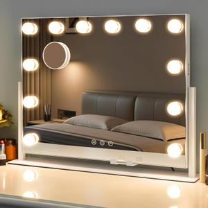 Vanity Mirror with Lights, Hollywood Lighted Makeup Mirror with 12 Dimmable LED Bulbs for Dressing Room & Bedroom, 3 Light ModesSlim Metal Frame Design, AC-Powered, White (22" X 17"-bulb)