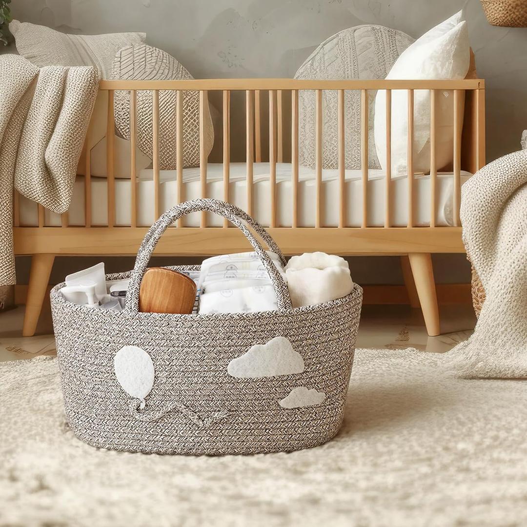 Clouds and Balloon Baby Diaper Caddy Organizer, Cloud Nursery Decor Nursery Storage Bin Basket for Baby Shower Cotton Rope Portable Diaper Bag for Changing Table, Newborn Birthday Party Gift