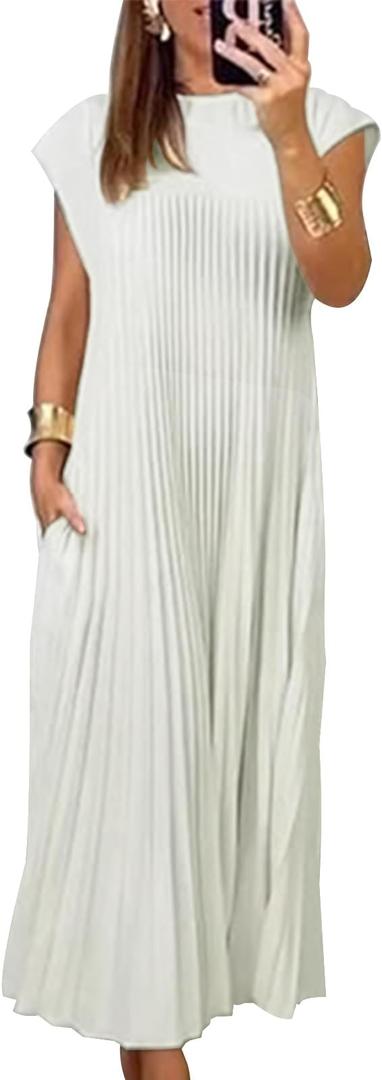 Women's Summer Pleated Maxi Dress 2024 Casual Cap Sleeve Loose Fit Flowy Long Dresses with Pockets, L