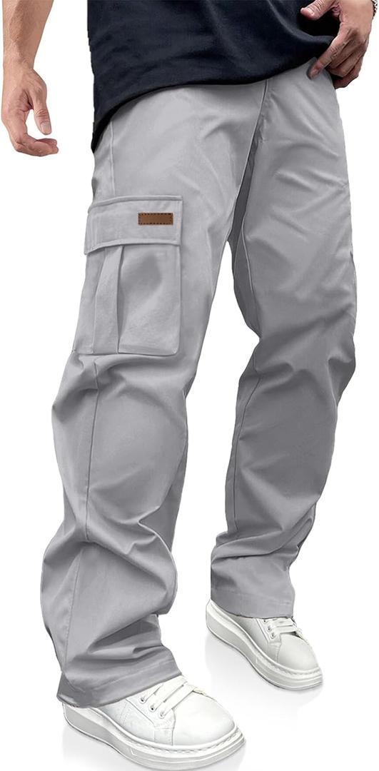 PLEPAN Men's Casual Cargo Pants Drawstring Hiking Workout Tactical Joggers Sweatpants for Men with Pockets (Gray, M)