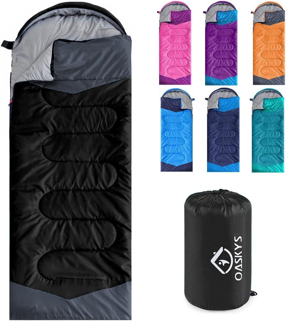 oaskys Camping Sleeping Bag - 3 Season Warm & Cool Weather - Summer Spring Fall Lightweight Waterproof for Adults Kids - Camping Gear Equipment, Traveling, and Outdoors (50-80F Everyday 3 Season - Black)