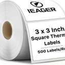 iEager White Square Thermal Label Stickers, 3" x 3" Self-Adhesive Square Direct Thermal Labels with Perforation Line, 500 Sheets/Roll