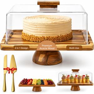 HOORIA Acacia Wood Cake Stand with Acrylic Cover, Rectangular Cake Stand with Lid, Wooden Dessert Serving Tray with Dome, Includes Cake Knife & Server for Cakes, Pastries, Fruit, Parties & Event