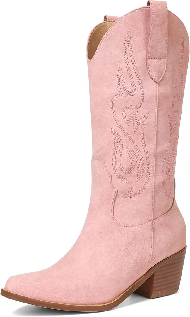 AOSPHIRAYLIAN Cowboy Boots for Women Retro Pointed Toe Pull On Block Chunky Heel Glitter Sparkly Metallic Embroidecamel Country Concert Outfits Calf Western Cowgirl Boots (10, Pink)