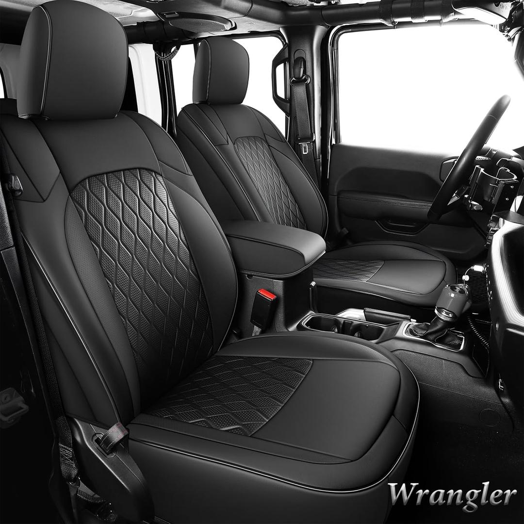 Coverado Seat Covers 4 Door for Jeep Wrangler, 2PCS Leather Car Seat Cover for Jeep Wrangler Vehicle Accessories Custom Fit for 2018-2024 Jeep Wrangler Seat Covers 2-Door/4-Door (Black)