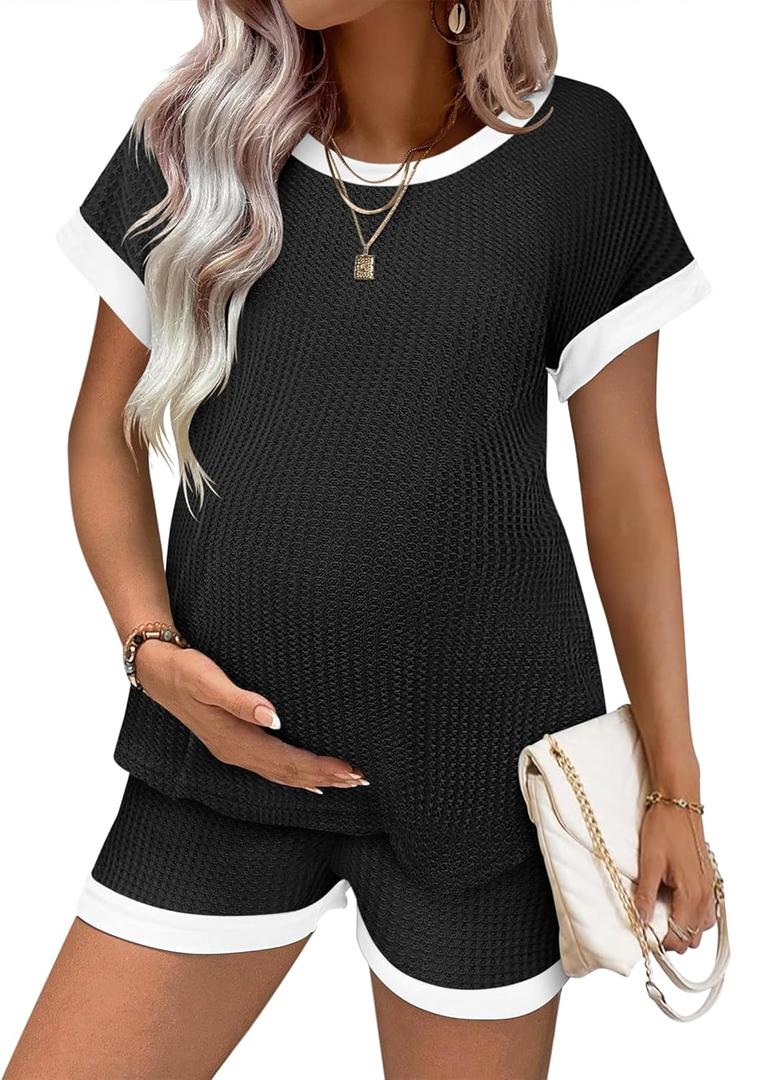 Ekouaer Maternity Pajamas Sets for Women Waffle Knit Loungewear Short Sleeve 2 Pieces Outfits Sleepwear Pregnancy Clothes Black L