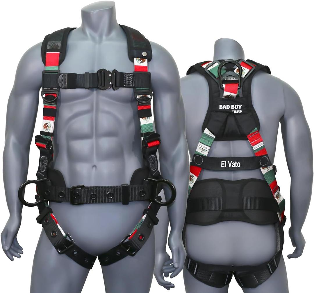 AFP Fall Protection Full-Body Premium Safety Harness, 8 Thick Support Belt, Aluminum D-Rings, Tongue Buckle (OSHA/ANSI PPE) (Mexican Flag)