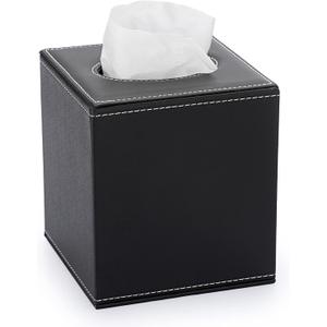 Sumnacon Square Leather Tissue Box Cover - Stylish Cube Tissue Box Holder with Magnetic Bottom, Decorative PU Tissue Box for Vanity Dresser Night Stand Table Countertop Home Office Car, Black