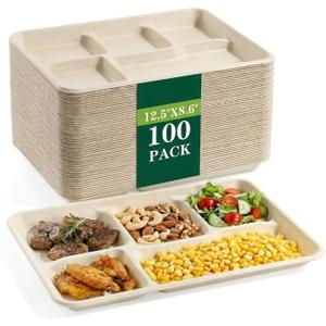 SUT SUT100% Compostable 5 Compartment Plates, 100 Pack Disposable Paper Plates 12.58.6 Inch, PFAS Free & BPA Safe Biodegradable Party Platters for Daily Meals, Events & Catering