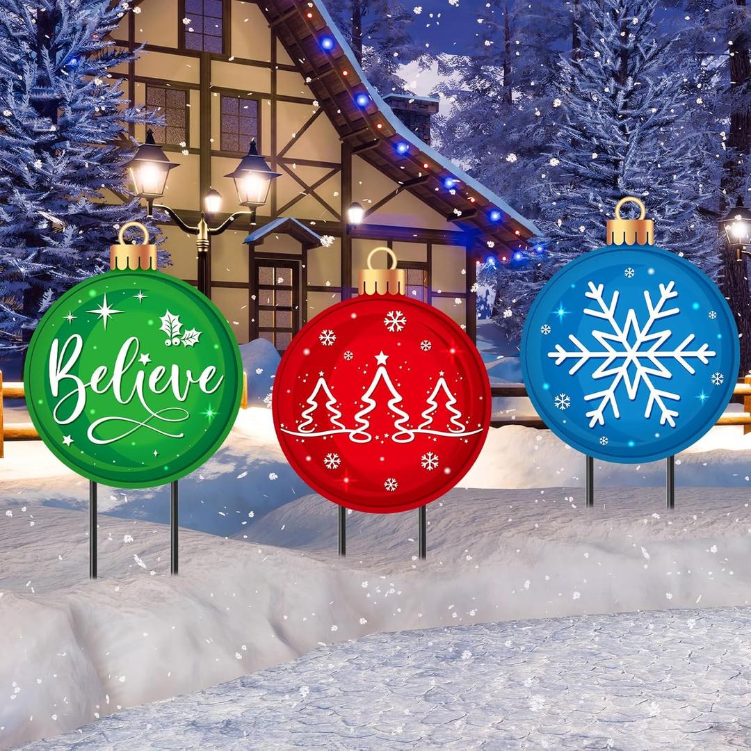 Drydiet 3 Pack Metal Christmas Yard Signs Decor Xmas Yard Stakes Outdoor with Stakes for Holiday Outdoor Garden Lawn Pathway Decoration(Ball)