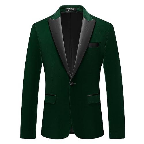 Mens Velvet Blazer Slim Fit Suit Jacket for Men Peaked Lapel One Button Tuxedo Blazer Wedding Prom Dinner Green, L