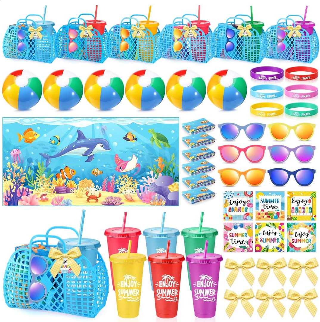 Honeydak 6 Set Summer End of Year Gift Pool Party Favors for Kids Jelly Basket Tumbler Cups Beach Balls Wristbands Gift Cards Beach Towel Bulk for Student Pool Birthday Party Decor Summer Graduation