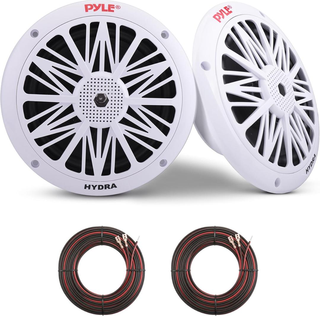 Pyle 6.5 Inch Dual Marine Speakers - 2 Way Waterproof and Weather Resistant Outdoor Audio Stereo Sound System with 200 Watt Power, Poly Carbon Cone and Butyl Rubber Surround - 1 Pair (White)