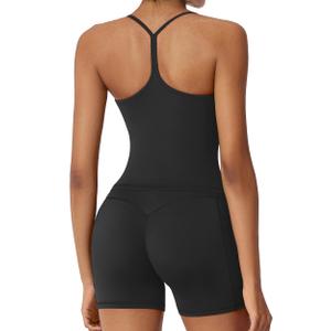 RXRXCOCO Women 2 Piece Workout Sets Y Back Padded Tank Tops Booty Biker Shorts with Pockets Gym Outfits Black X-Small (XS)