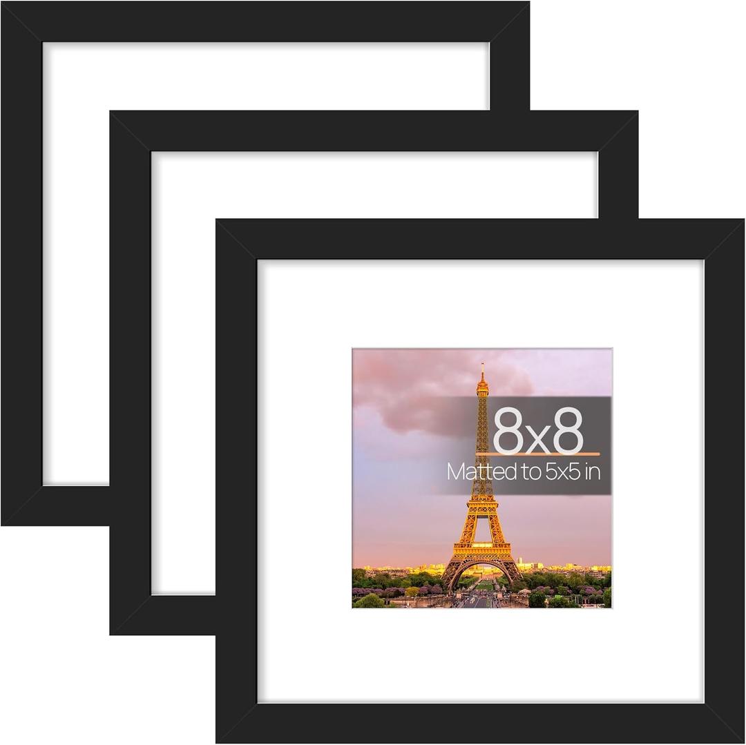 upsimples 8x8 Picture Frame Made of High Definition Glass, Display Pictures 5x5 with Mat or 8x8 Without Mat, Gallery Wall Frame Set, Black