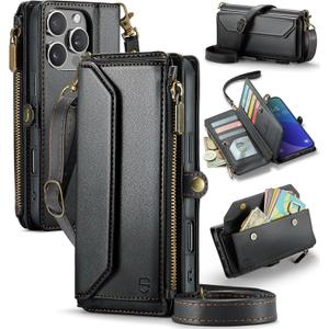 Wallet Case Compatible with iPhone 16 Pro Max 6.9" RFID Blocking 10-Card Holder Soft PU Leather Magnetic Snap Shoulder Strap Zipper Pocket Phone Case Fit for iPhone 16 Pro Max - Black