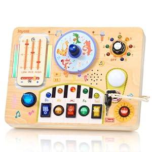 JoyCat Busy Board with Led Light, Toddler Toys for 1 2 3 4 Year Old Boys and Girls, Wooden Sensory Toys with Music, Travel Toy for Toddlers 1-3, Birthday Presents (Blue)