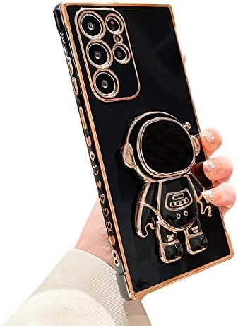 phylla Compatible with Samsung Galaxy S23 Ultra 5g Luxury Plating Cartoon Astronaut Stand Holder Phone Case with Cute Heart Side Small Pattern Soft Silicone Shockproof Kickstand Bumper (Black)