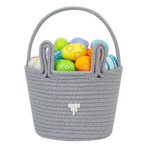 CubesLand Gray Easter Basket for Boys Toddler Kids,Big Cute and Reusable Woven Cotton Rope Empty Gift Bunny Basket with Handle for Easter Egg Hunt, Kids Party Supplies, Easter Decor (Large-9.8 x 7.8 x 7.8, Lively Bunny-Grey)