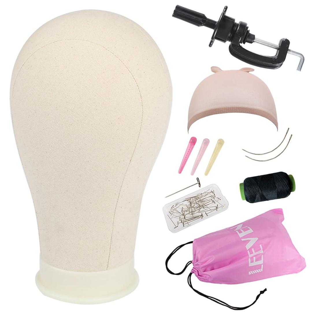 Leeven 21"-24" Canvas Block Head for Making Wig Mannequin Head With T Pins and Clamp stand for Wig Display, Making,Styling 21 Inch