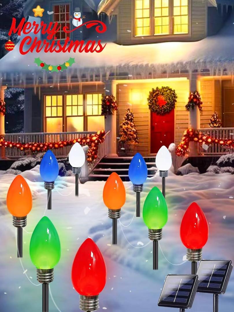 10 Pack Large C9 Christmas Decorations Outdoor Waterproof, Solar C9 Christmas Lights Outdoor with 2 Modes, Solar Pathway Lights for Outside Party Yard Lawn Patio Walkway Xmas Decoration (Multicolor)