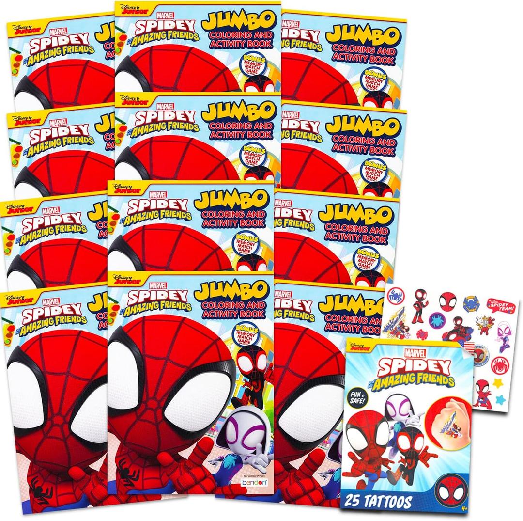 Spidey and His Amazing Friends Coloring Books Bulk - Spiderman Party Supplies Bundle with 12 Jumbo Spidey Activity Books with Coloring Pages, Activities, More Plus Tattoos | Spidey Party Favors Bulk