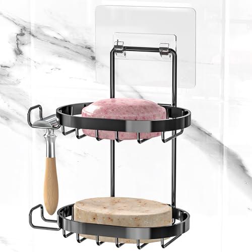 MASADI 2 Tier Soap Dish Holder, Soap Bar Holder with Hooks, Shampoo Bar Caddy for Shower Wall, Razor Holder for Shower, Bar Soap Container 304 Stainless Steel, Bathroom (Black)