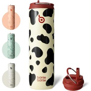 BOTTLE BOTTLE Insulated Water Bottle 24oz with Straw Lid and Handle for Sports Travel Gym Stainless Steel Water Bottles Double-Wall Vacuum Metal Leak Proof BPA-Free (Cow)