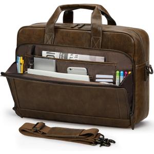 RAINSMORE Mens Laptop Bag 16 Inch Leather Briefcase Vintage Messenger Bag for Men Large Crossbody Shoulder Office Computer Bag Retro College Satchel Bag for Work, Business,Travel, Brown