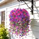 Artificial Hanging Flowers with Basket, 480 Blooms UV Resistant Faux Morning Glory Silk Plants, Fast & Easy Assembly Fake Hanging Baskets for Outdoor Porch Patio Garden Decor, Fuchsia&LightPurple