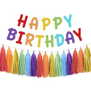 Rainbow Happy Birthday Banner and Paper Tassel Garland for Colorful Rainbow Birthday Party Decorations