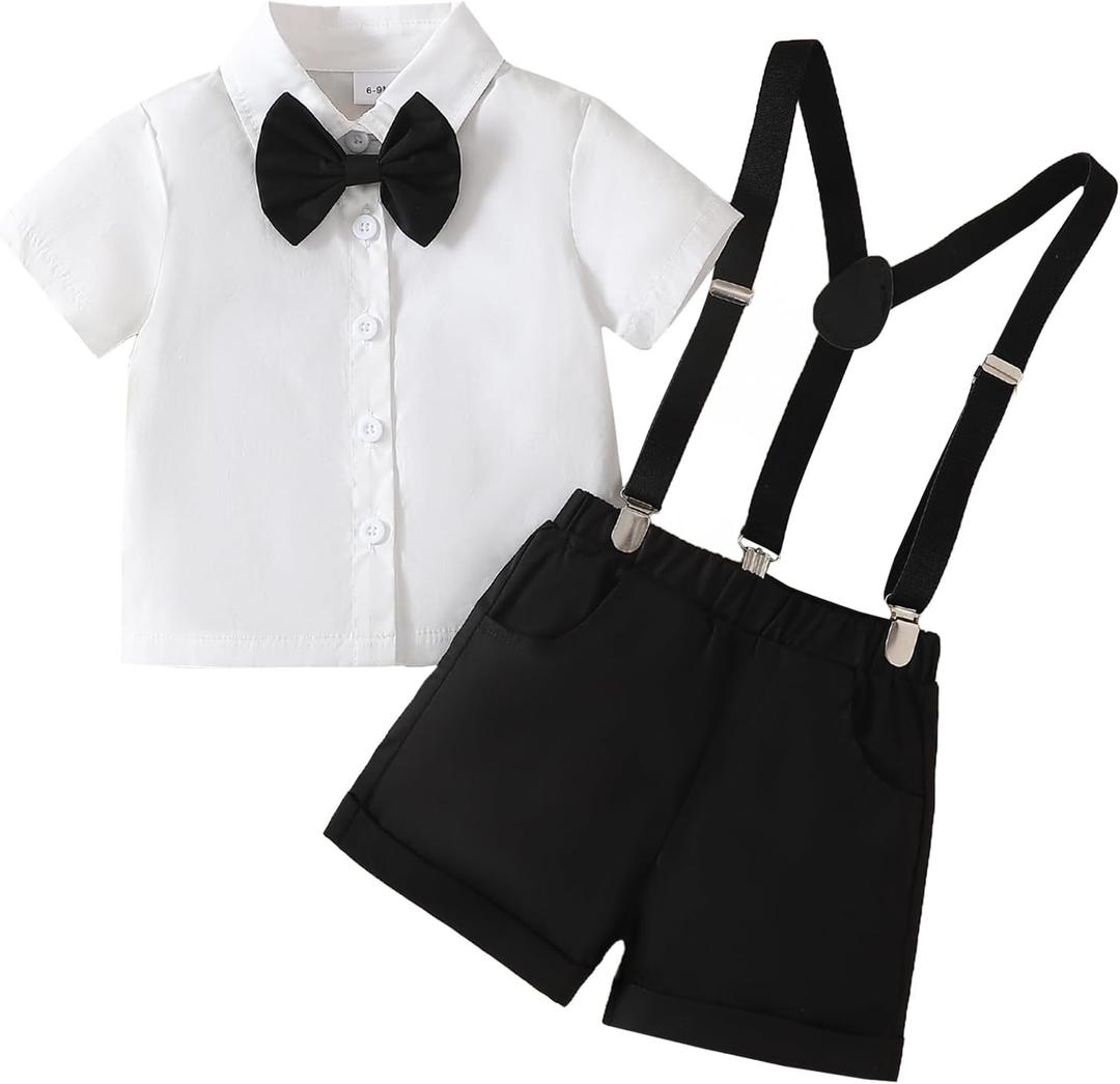 Baby Boys Formal Suit Set Short Sleeve with Bowtie Suspender Shorts Pants Outfits Clothes 0-24Months (Black)