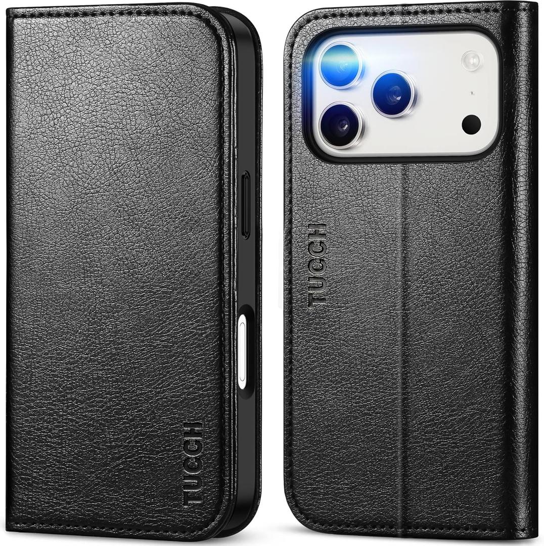 TUCCH Case Wallet for iPhone 17 Pro (6.3") 2025, RFID Blocking, 3 Card Holders, Kickstand, PU Leather, Protective Flip Folio Cover, TPU Shockproof Interior Shell, Textured Black
