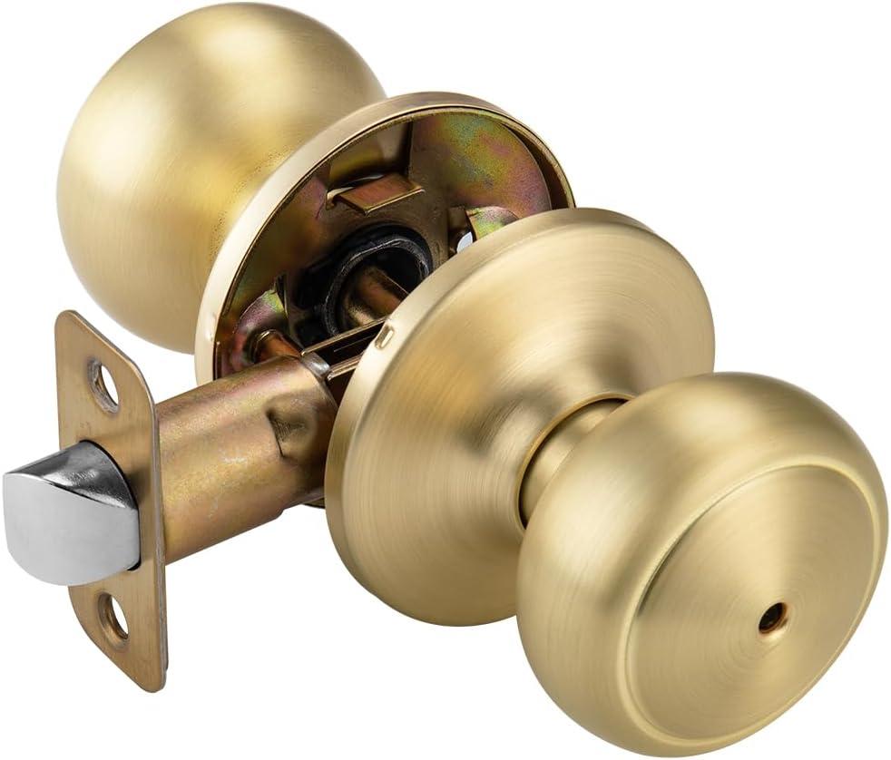 Gold Door Knobs,Interior Door Knob with Lock,Coastal Style Satin Brass Door knob for Privacy and Bedroom