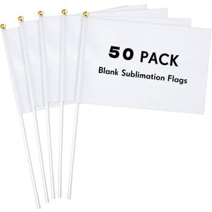 Remerry 50 Pieces Sublimation Flags Blank 5.51 x 8.27 Inch Small White Flags on Sticks with Pole for DIY Parades Birthday Wedding Decor Grand Opening Carnival Events Celebration